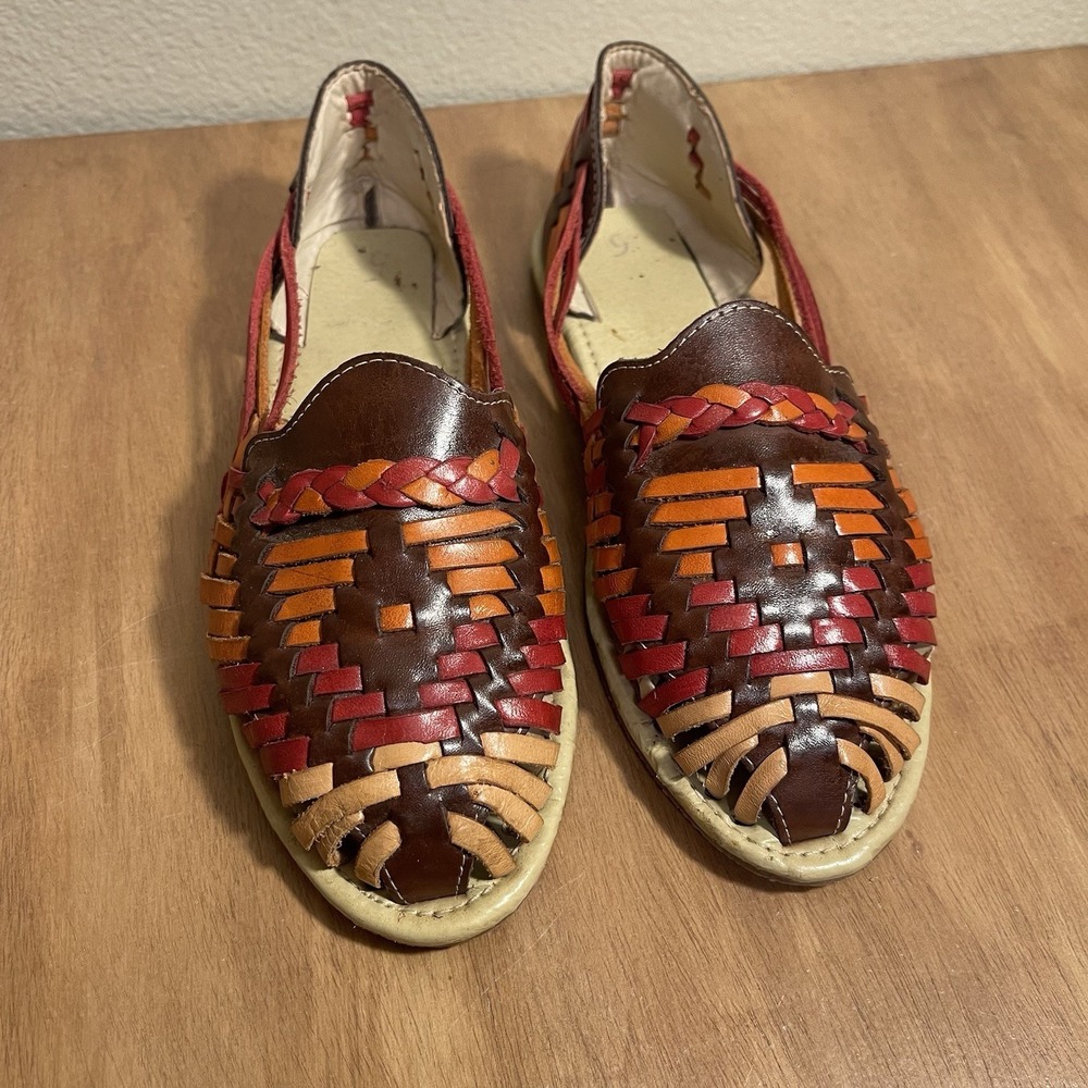 Handmade Mexican Artisan Leather Huarache Sandals Woven Flats Boho Size 8 - READ